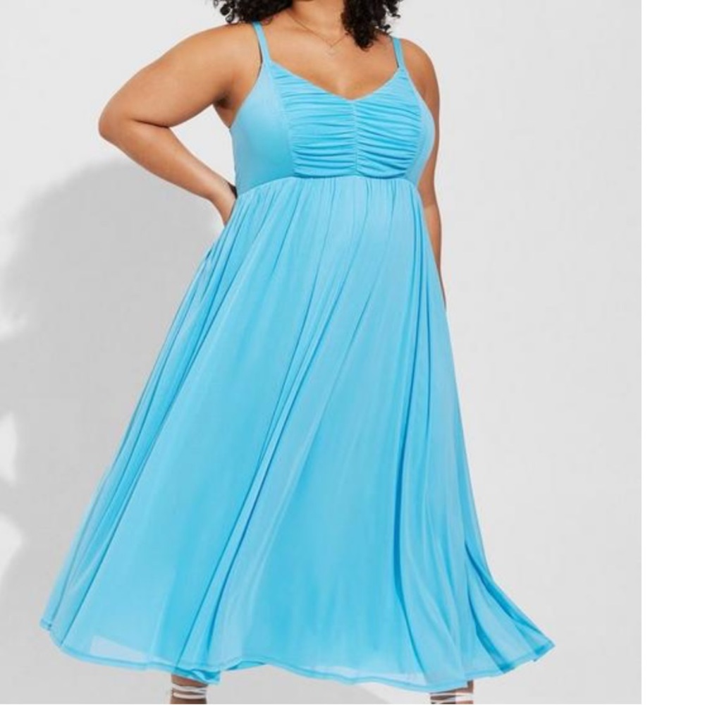 Soft Mesh Pleated Maxi Dress babu blue